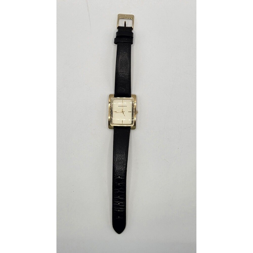 Anne Klein Womens Watch Gold Rectangle Black Leather Band AK/2706CHBK Working